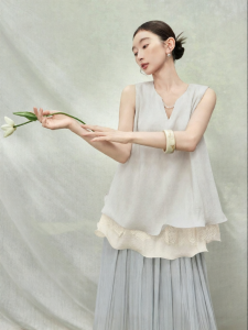 SUSHE | Summer Sleeveless Pleated Lace Patchwork Ruffle Top