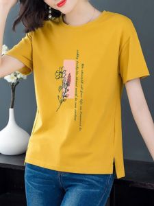 Summer New Womens Pure Cotton Short Sleeve T-Shirt Casual Loose Fit Slimming Print Top Korean Style round Neck Basic Tee