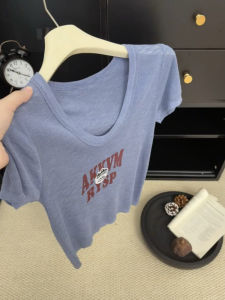 CHOEFULYN | American Vintage Misty Blue Letter Print Round Neck Short Sleeve T-shirt