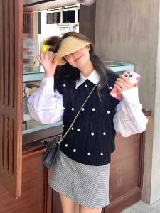 Áo Len Dệt Kim Đính Ngọc Trai Cho Nữ Mùa Thu Đông 2025 Áo Khoác Ngoài Áo Len Chui Đầu Cổ Tròn Không Tay Dài Ngắn