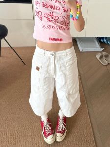 American Retro White Denim Seven-Foot Pants Women Summer New Street Hip Hop Loose Wide Leg Workwear Five-Point Shorts