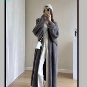 เสื้อสเวตเตอร์ยาวคลุมเข่าแบบหนาพิมพ์ลายสัตว์ ทรงหลวม แขนยาว คอวี ทรงหลวม สำหรับผู้หญิง ฤดูใบไม้ร่วง/ฤดูหนาว