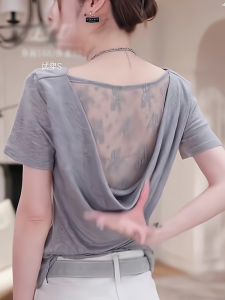 Gray Off-Shoulder Short-Sleeve Backless T-Shirt Womens Summer Fashion Slimming Design High-Quality Comfortable Head-Over-Heels Top