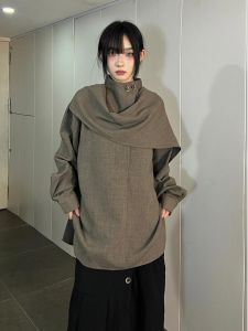 Retro Patchwork Scarf Shirt Loose Long Sleeve Stand Collar Mens Spring Autumn Casual Classic Style No Brand Youth Fashion