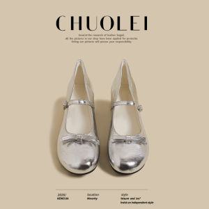 CHUOLEI | Low Heel Womens Leather Shoes Silver Bow
