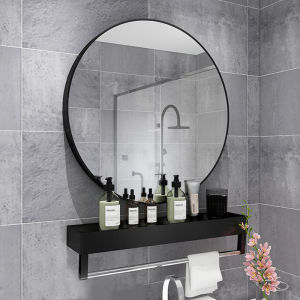 Ahome Round Bathroom Mirror For Wall Decor with Shelf Metal Frame Circle Vanity Mirror Wall Hanging Towel HD Waterproof Mirror