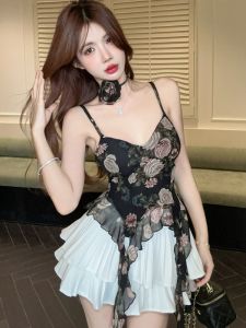 GUZILIAN | ชุดกระโปรงจีบเอวสูงลายดอกไม้สีดำ ชุดแขนกุดคอวี ชุดสองชิ้นสำหรับผู้หญิง สไตล์เกาหลี แฟชั่นฤดูร้อน