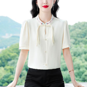 MAIMEI | Elegant Short Sleeve Embroidered Shirt Womens New Chinese Style National Trend Mom Anti-Aging Slimming Top Summer 2025