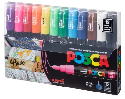 uni-posca Paint Marker Pen - Extra Fine Point - Set of 12 (PC-1M12C)