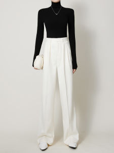 กางเกงขายาวทรงหลวมเอวสูงผ้าขนสัตว์เนื้อนุ่มสไตล์ใหม่ฤดูใบไม้ผลิและฤดูร้อนสำหรับผู้หญิง กางเกงขายาวทรงตรงสีขาว