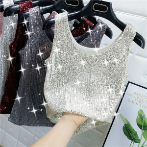 2022 Summer New Bright Silk Sparkling Sequins Round Neck Vest Womens Outer Wear Fashion Glitter Bottoming Shirt Suspender Top