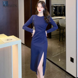 Ammin phong cách Hàn Quốc mùa thu Vòng cổ đơn giản thời trang bên kéo nếp gấp eo Slit thiết kế Đầm Dài Tay người phụ nữ 2023 trơn mới màu sắc một dòng thanh lịch đầu gối Đầm dài