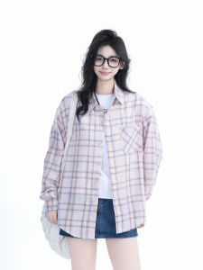 Loose Casual Womens Long Sleeve Pink Plaid Shirt Design Sense Trendy Korean Atmosphere Feeling Comfortable Breathable Fashionable