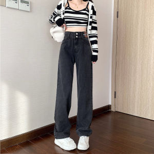 สูง เอว ขากว้าง กางเกงยีนส์ ผู้หญิง ฤดูใบไม้ผลิ ฤดูใบไม้ร่วง สีเทา สีดำ หลวม Slim Straight Large Size Fat Sister Match All Over The Floor กางเกง