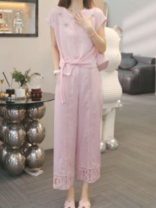 Shalldoer | Rhinstone Drawstring Lace Insert Short Sleeve T-shirt and Pants Set