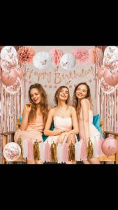 [SG Seller]Rose Gold Pink Birthday Party Decorations with Happy Birthday BannerCurtains Butterfly WallCircle Dots GarlandTissue PompomsPaper Tassels Garland for Women Birthday Party Decorations