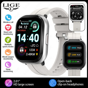 LIGE | 2-in-1 Ear-clip Earphones Smart Watch Heart Rate Sport Waterproof Smart Watches Bluetooth Call TWS Music Smartwatch with Earbuds