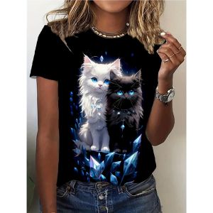 Womens Tee - White & Black Crystal Cats Graphic Mystical Glowing Feline Design for Casual Daily Wear