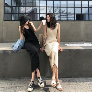 Black Inner Straight Vest Bottoming Long Dress Spring and Summer Popular Elegant Slim Fit Slimming Knitted Sling Dress