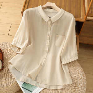 Pure Cotton Linen Short Sleeve Shirt for Women Summer Casual Slim Fit Lapel Collar Artzy Work Clothing with Buttons