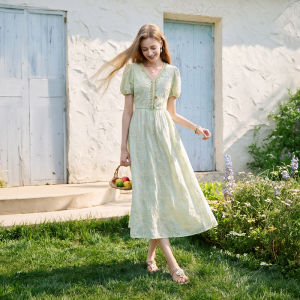 XIANGYING | Mint Green French V-Neck Summer New Embroidered Dress