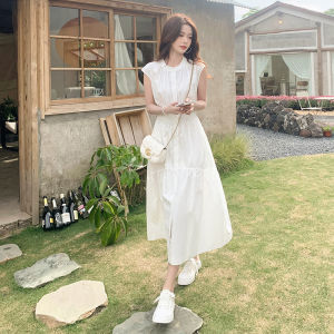 White A-Line Shirt Dress Womens Summer New Style French Waist-Cinching Design Sleeveless Dress Casual Pure Color Polyester