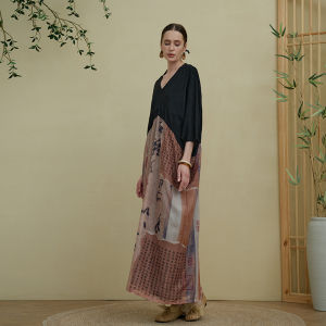 Retro Spliced Long Dress Loose plus Size Ultra-Long Slimming Chinese Style V-Neck Midi Dress Elegant Atmosphere Maxi Dress