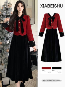 Red Velvet Maxi Dress Korean Style Commute Butterfly Knot Tie Waist Long Sleeve Winter Wedding Dress Small Size Women