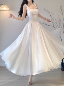 ชุดเดรสยาวผ้าตาข่ายสีขาว ชุดราตรีสไตล์นางฟ้า ชุดแต่งงาน ชุดเดรสยาวครึ่งแข้ง ชุดเดรสยาวคลุมเข่า ชุดเดรสยาวครึ่งแข้ง