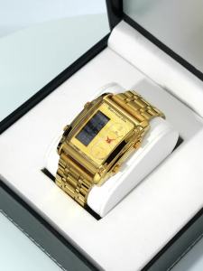 Men Electronic Watch With 50mm Rectangular LED Display Gold Stainless Steel Timing Clock Suitable Business Leisure Watch for Men
