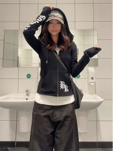 Gothic Style Black Hoodie Jacket Womens Zipper Cardigan Slim Fit Waist Pulling Autumn New Arrival Street Fashion