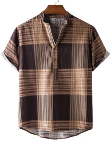 Mens Cotton Linen Plaid Short Sleeve Shirt Summer Breathable Casual Loose Fit Shirt Absorb Moisture Comfortable Male Top
