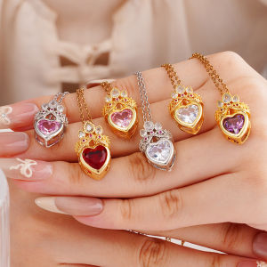 Romantic Crown Heart Pendant Necklace for Women Pink & White Delicate Fashion Jewelry Exquisite Design