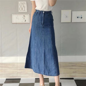 Womens Mid-Length A-Line Skirt Cotton Linen Elastic Waist Summer Blue Denim Skirts High Waist Pure Color Long Skirts