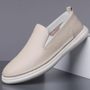 Genuine Leather Mens Summer Casual Shoes Soft Surface Bean Bean Shoes Comfortable Rubber Sole round Toe Slip-On Business Shoes