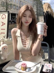 Áo Ba Lỗ Không Tay Cổ Chữ V Dệt Kim Khoét Sâu Pure Desire Dành Cho Nữ Mùa Hè 2025 Áo Chui Đầu Ngắn Màu Trơn