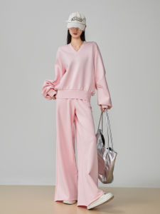 XIAODADEHUA | Pink V-neck Lazy Casual Sport Suit 2 Pieces