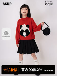 เสื้อสเวตเตอร์ผ้าขนสัตว์ 100% สำหรับเด็กผู้หญิง ลายแพนด้า สีแดง เสื้อผ้าเด็กฤดูใบไม้ร่วง/ฤดูหนาว สวมใส่สบาย ลำลอง
