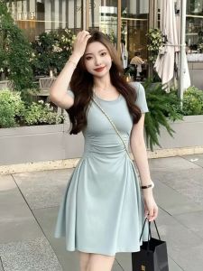 ชุดเดรสสั้นทรงเอกระดับเอวเข้ารูปสไตล์ฝรั่งเศส แขนสั้น ชุดทำงานฤดูร้อน ชุดเดรสยาวสั้นสำหรับผู้หญิง เดรสทรงเอคอตกลำลอง