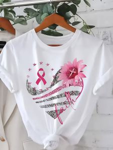 Faith Breast Cancer Awareness Womens Tee - Pink Ribbon & Sunflower Graphic Casual Support Top