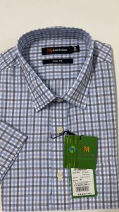 Sơ Mi Caro Tay Ngắn - Màu Xanh Dương - Trắng Form Slim Fit Chống Nhăn Lai Bầu - Áo Nam Khatoco