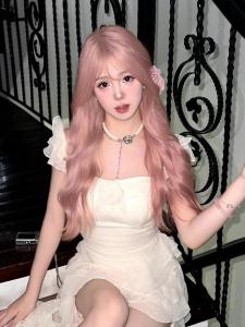 Pink Wig Womens Long Hair Natural Simulation Full-Head Wig Lolita Long Curly Hair Big Wave Fashion Sweet Wig Sheath