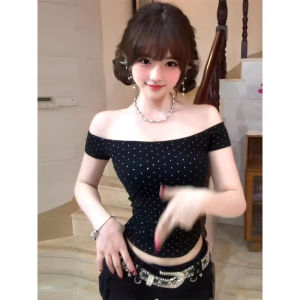 XIANGBAIWEI | American Spicy Style Black Polka Dot Off-shoulder Short Sleeve Summer T-Shirt