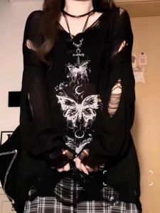 American Retro Butterfly Knitting Sun Protective Blouse Female Summer New Plus Size Plus Size Ladies Idle Style Stylish Ripped Top