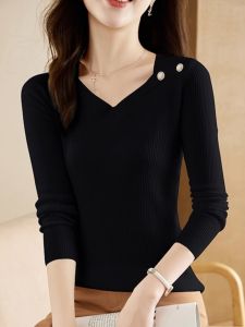 WANGGONGZHU | Princess Style V-Neck Knitted Base Shirt Womens Fashionable Elegant Crew Neck Sweater Autumn Inner Wear Long Sleeve Slim Fit