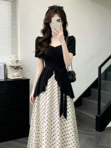 PEIZIXUAN | Polka Dot Faux Two-Piece Black Dress Long Slimming Dress