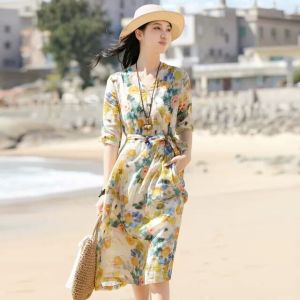 Export Export Clearance Womens Clothes Cotton and Linen Floral Dress Summer Seaside Holiday Artsy Elegant V Neck Printed Dress