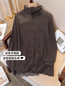 Meadow Half High Neck Mesh Long Sleeve T-Shirt Womens plus Size Autumn Bright Sequin Base Shirt Inner Wear Commute Style Loose Fit