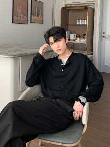 Hualun Mens Casual Long Sleeve T-shirt Spring Autumn Iron-free Treatment Loose Fit round Neck Fashionable Basic Style Cotton Polyester Blend