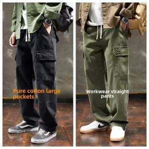 Loose Cotton Work Trousers with Multiple Pockets Straight Leg Wear Resistant Outdoor Workwear for Men Spring Autumn Summer